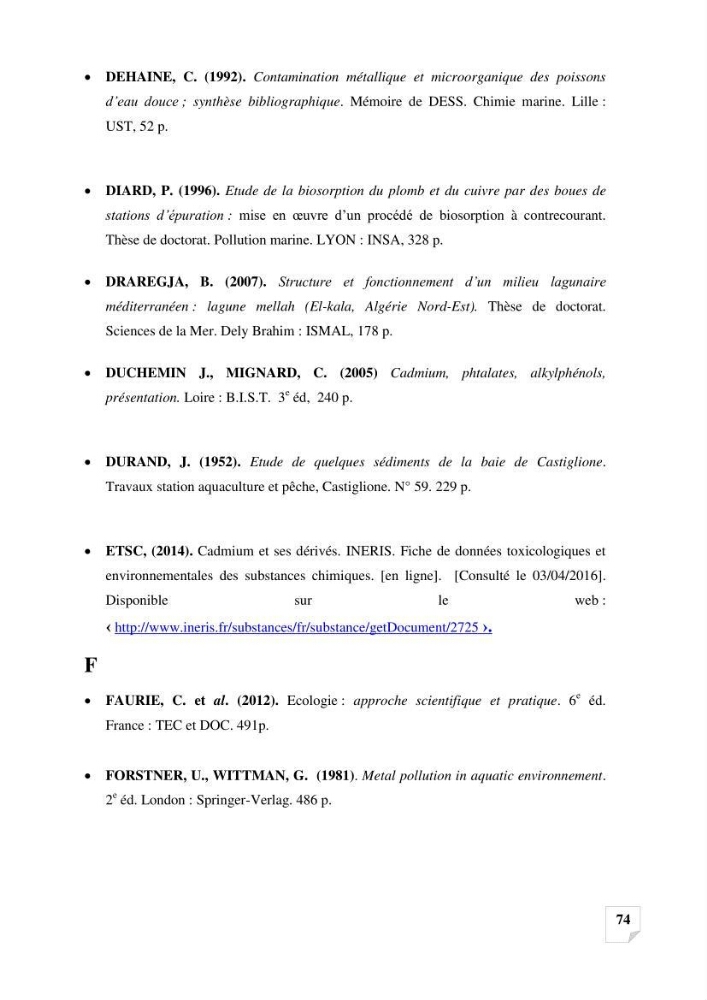 Suivi de la qualité des sédiments superficiels de Fouka marine par les métaux lourds