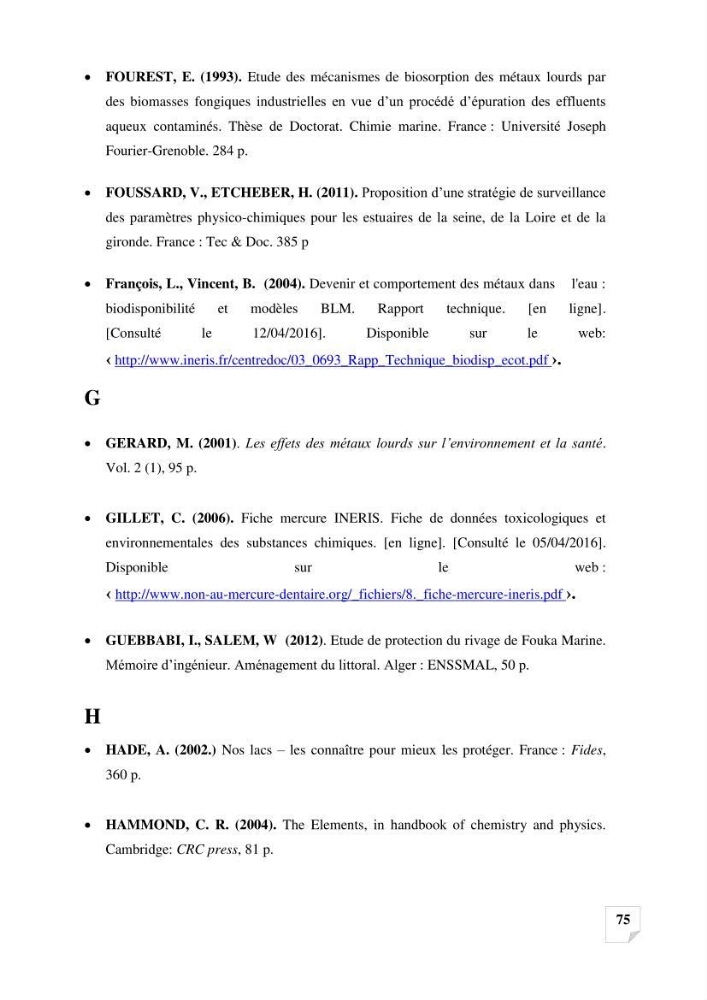 Suivi de la qualité des sédiments superficiels de Fouka marine par les métaux lourds