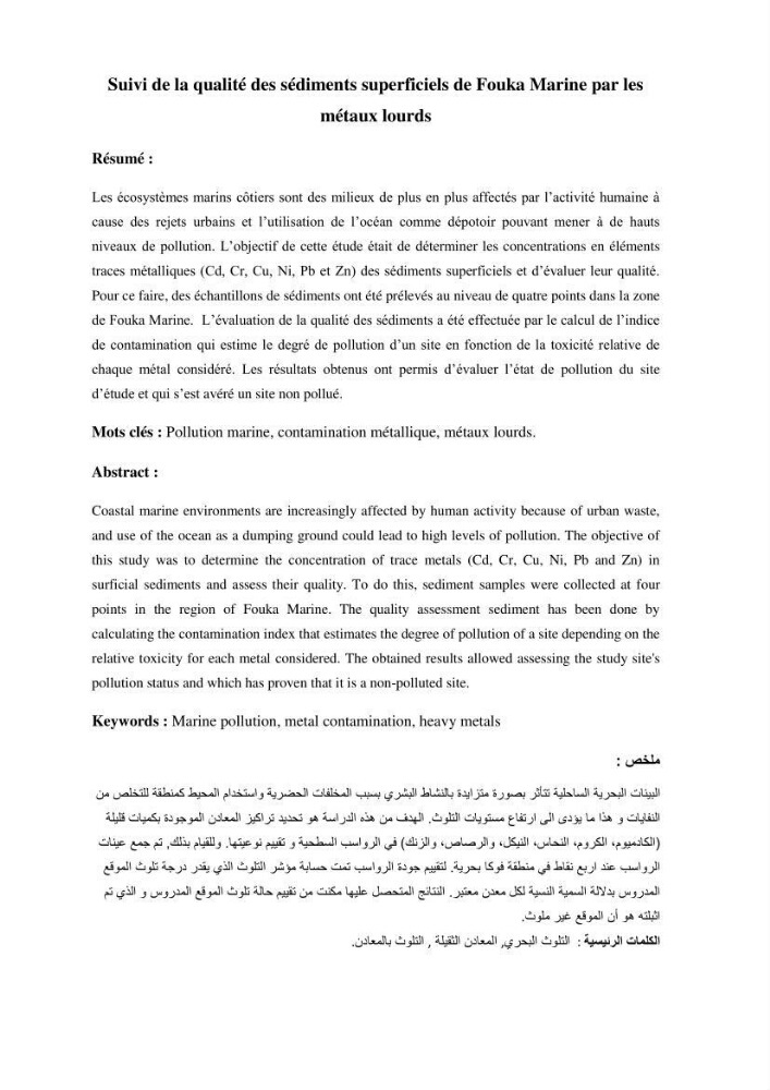 Suivi de la qualité des sédiments superficiels de Fouka marine par les métaux lourds