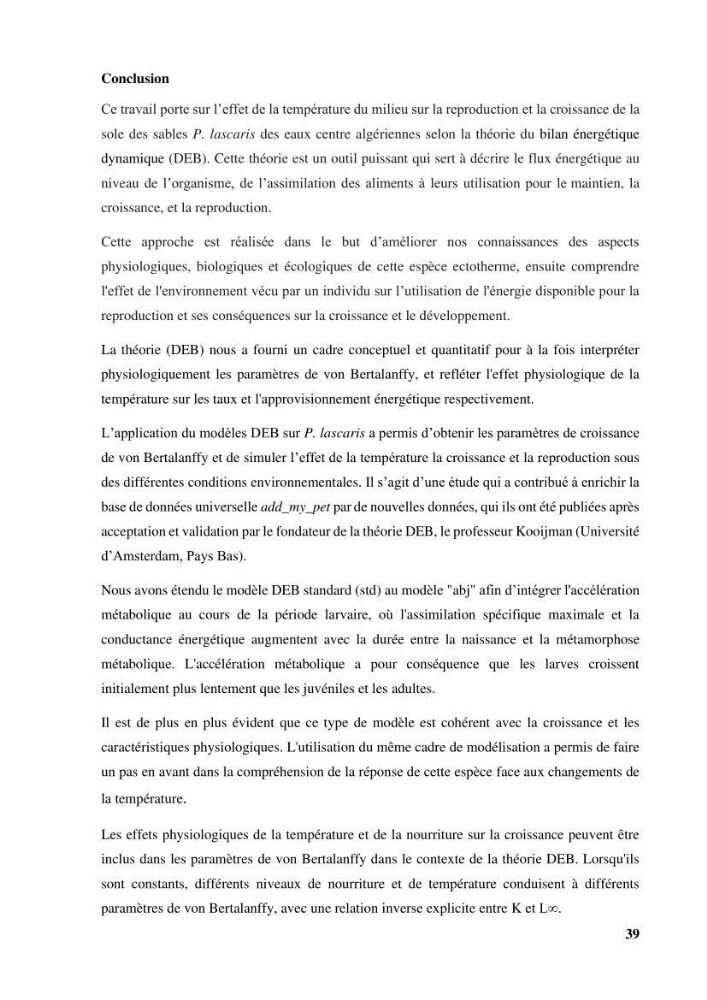 Effet de la température du milieu sur la reproduction et la croissance de Pegusa Lascaris ( Risso,1810) des eaux centre algérienne selon la théorie DEB