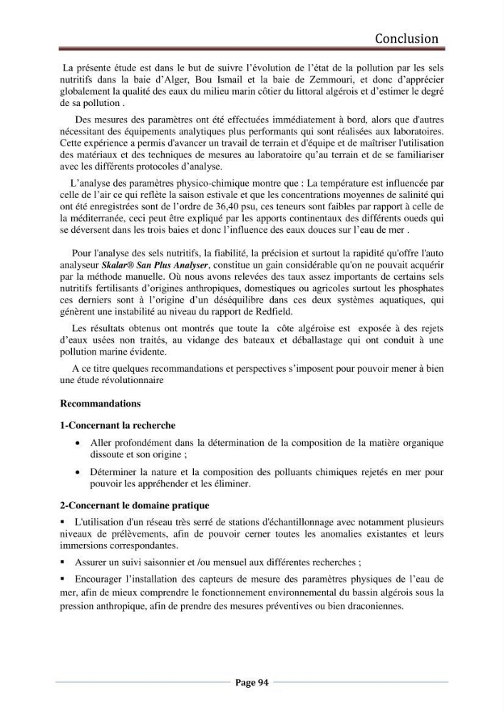 Suivi des paramètres physico-chimiques et des sels nutritifs dans la côte Algéroise: