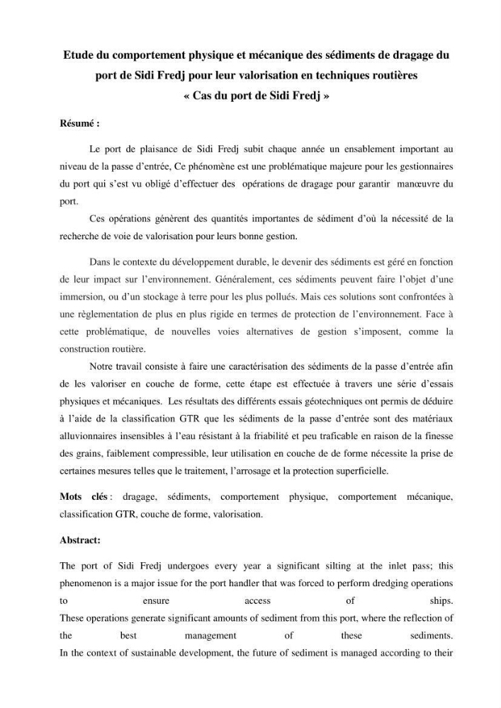 Etude du comportement physique et mécanique des sédiments de dragage pour leur valorisation en techniques routières \"cas du port de Sidi fredj\"