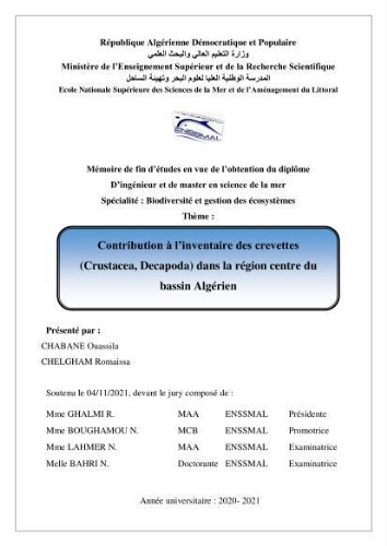 Contribution à l’inventaire des crevettes (Crustacea, Decapoda) dans la région centre du bassin Algérien: Contribution à l’inventaire des crevettes (Crustacea, Decapoda) dans la région centre du bassin Algérien: