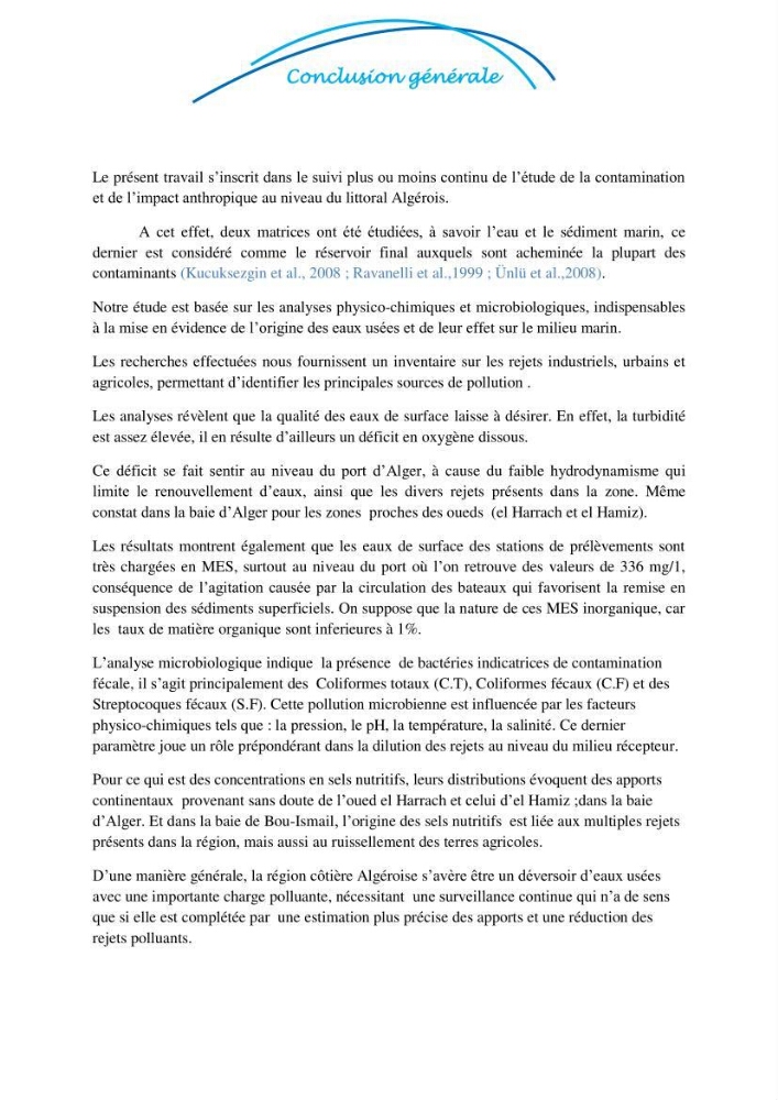 Impact des rejets des eaux usées sur le littoral Algérois, constat et diagnostic de la situation actuelle