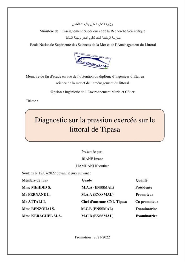 Diagnostic sur la pression exercée sur le littoral de Tipasa