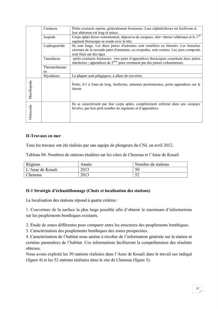 Contribution à la connaissance de la macrofaune benthique de l\'Anse de Kouali et mont Chenoua