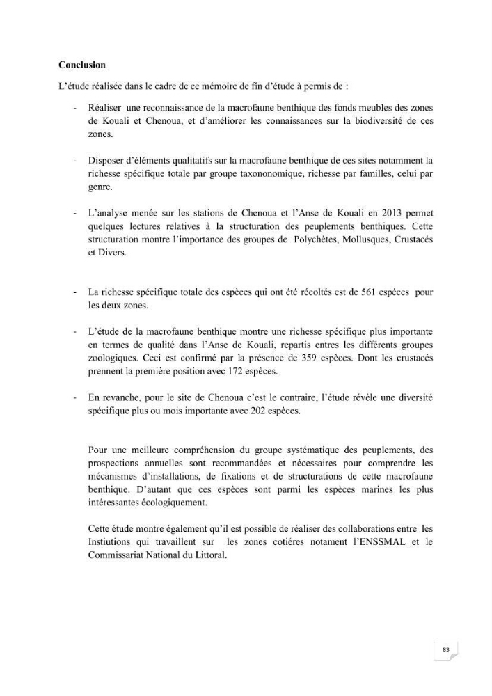 Contribution à la connaissance de la macrofaune benthique de l\'Anse de Kouali et mont Chenoua
