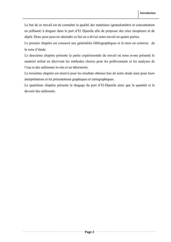 Paramètres physico-chimiques des pollution et granulométrie des sédiments de dragage du port d\'El Djamila