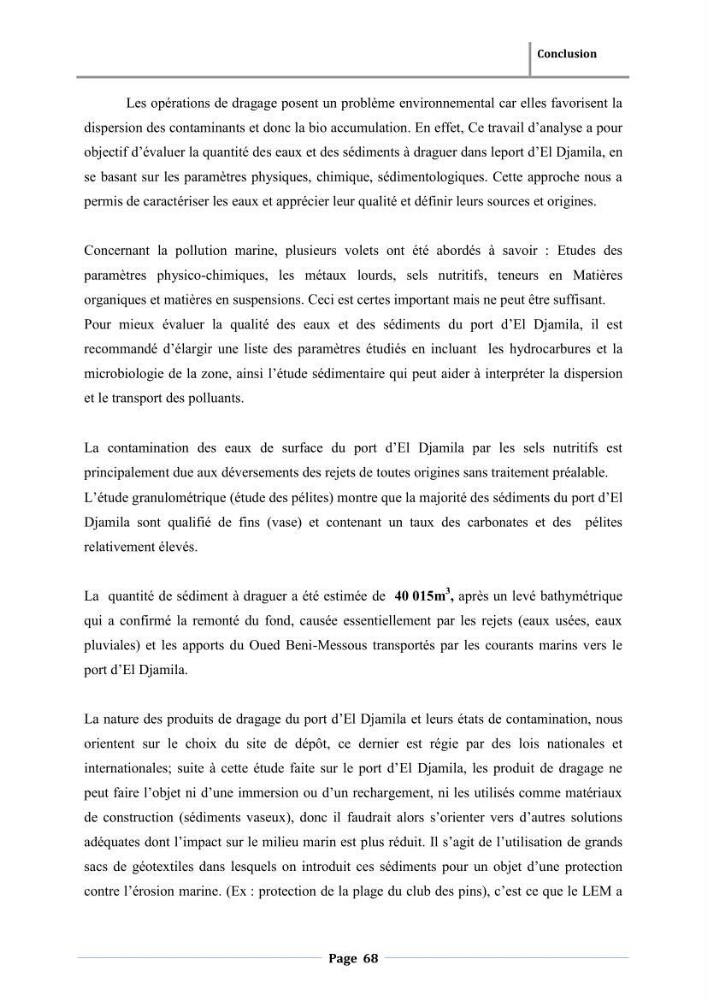 Paramètres physico-chimiques des pollution et granulométrie des sédiments de dragage du port d\'El Djamila