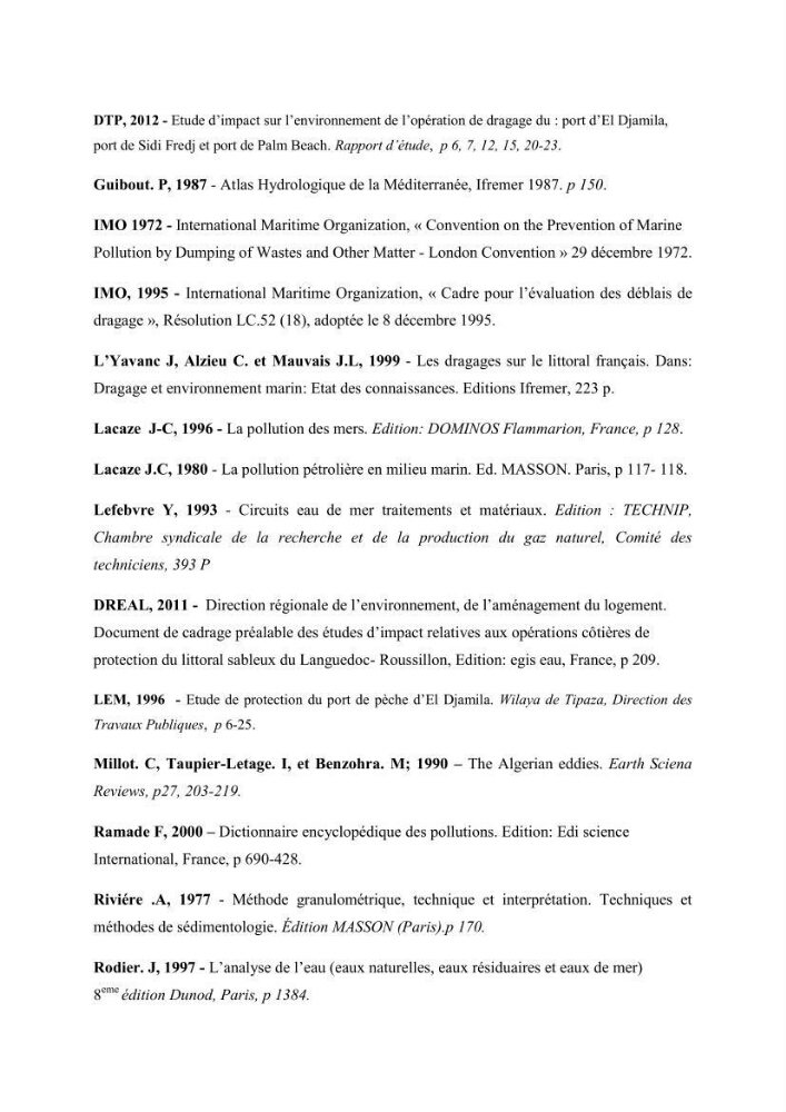 Paramètres physico-chimiques des pollution et granulométrie des sédiments de dragage du port d\'El Djamila