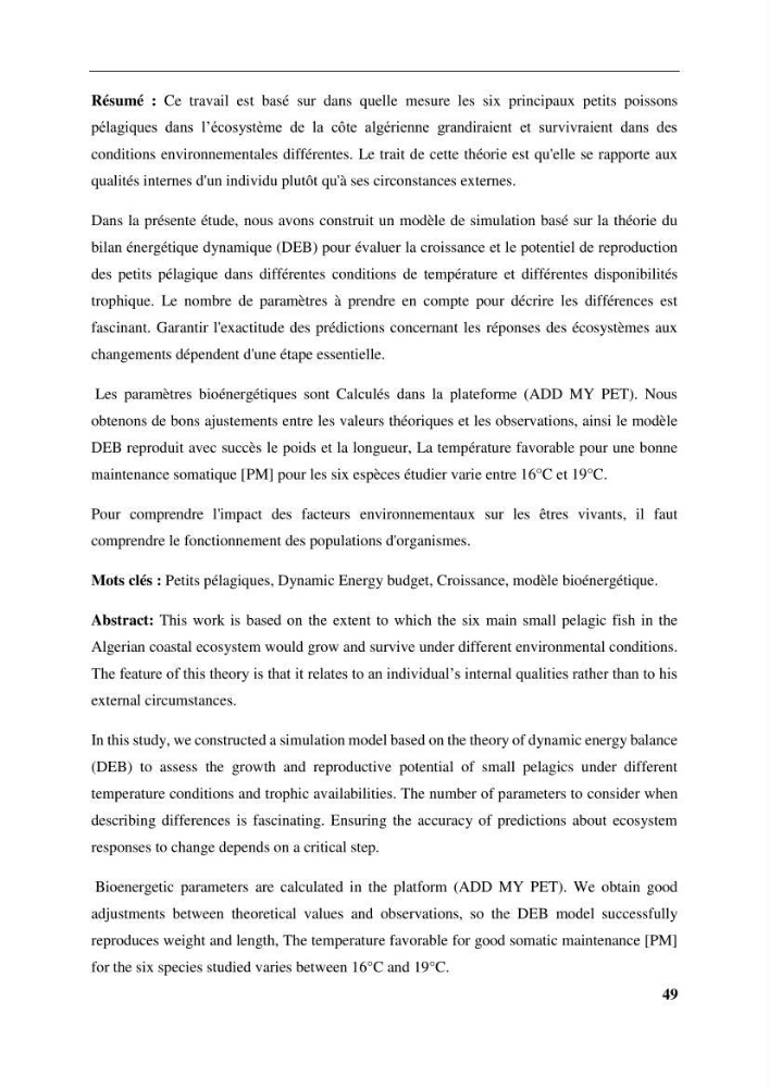 Effet des paramètres du milieu sur la dynamique des populations des petits pélagiques (Linnaeus, 1758 ) des côtes algériennes selon la théorie DEB ( Dynamique Energy Budjet )