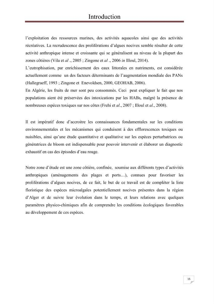 Contribution à l\'étude du phytoplancton nocif dans des zones confinées de la région d\'Alger( port et plage d\'Eldjamila,port et plage de Sidi fredj: