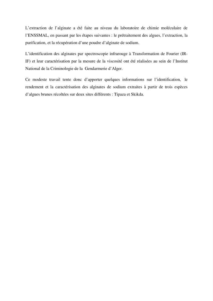 Extraction et identification des alginates à partir d’algues brunes aux possibilités alimentaires et pharmacologiques