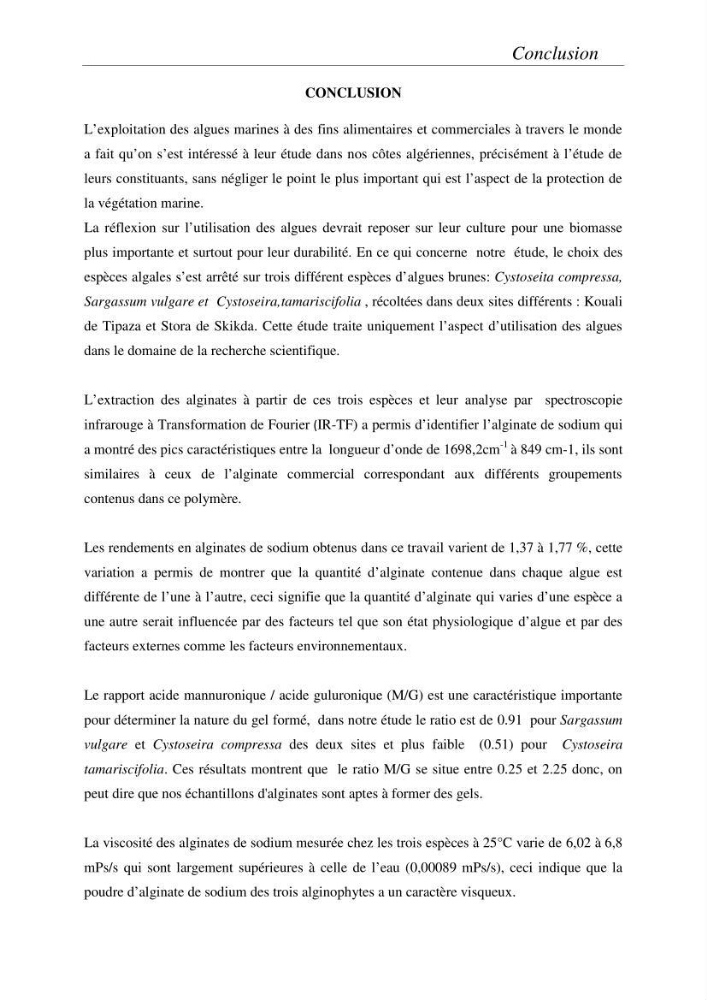 Extraction et identification des alginates à partir d’algues brunes aux possibilités alimentaires et pharmacologiques
