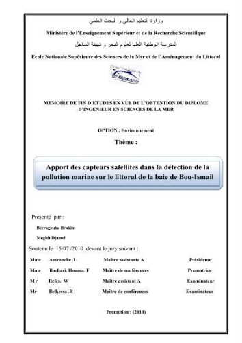 Apport des capteurs satellites dans la détection de la pollution marine sur le littoral de la baie de Bou-Ismail: Apport des capteurs satellites dans la détection de la pollution marine sur le littoral de la baie de Bou-Ismail: