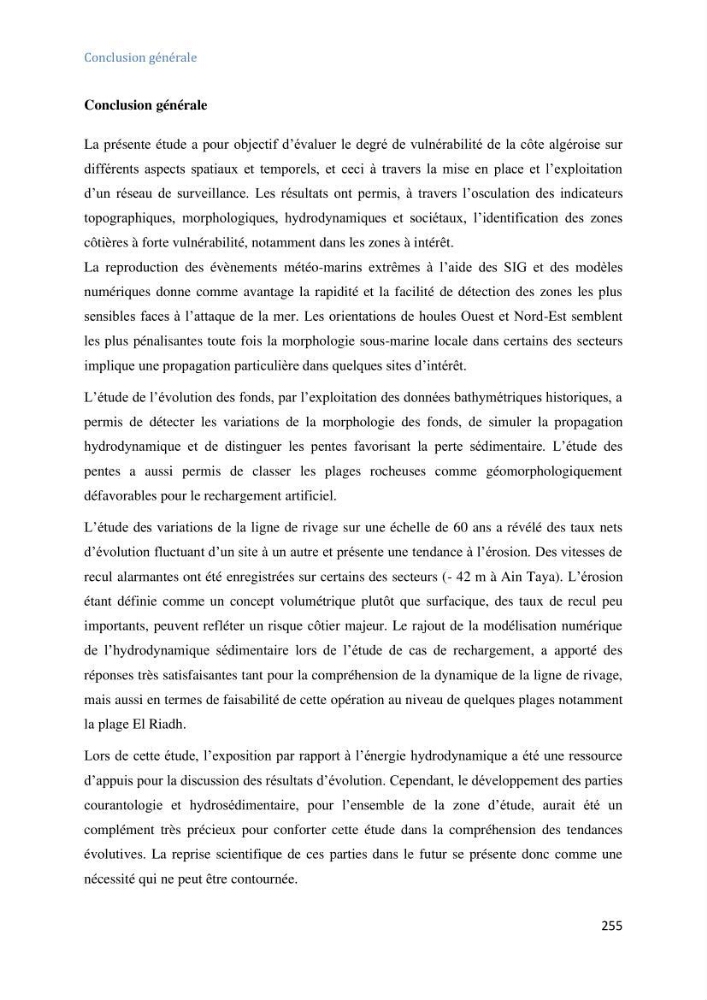 Etude et evaluation de la vulnerabilité des systèmes cotiers dans la région Algéroise: