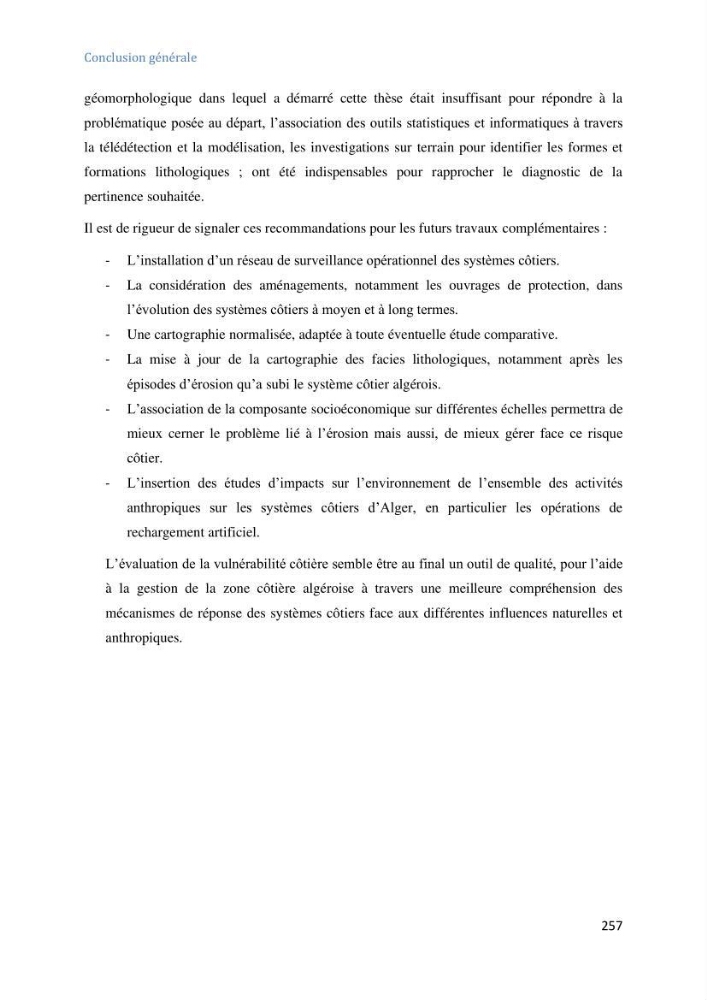 Etude et evaluation de la vulnerabilité des systèmes cotiers dans la région Algéroise: