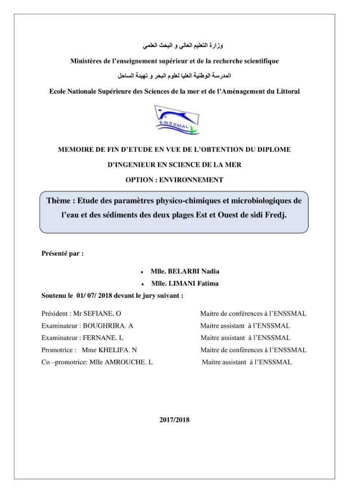 Etude des paramètres physico-chimiques et microbiologiques de l’eau et des sédiments des deux plages Est et Ouest de sidi Fredj.: