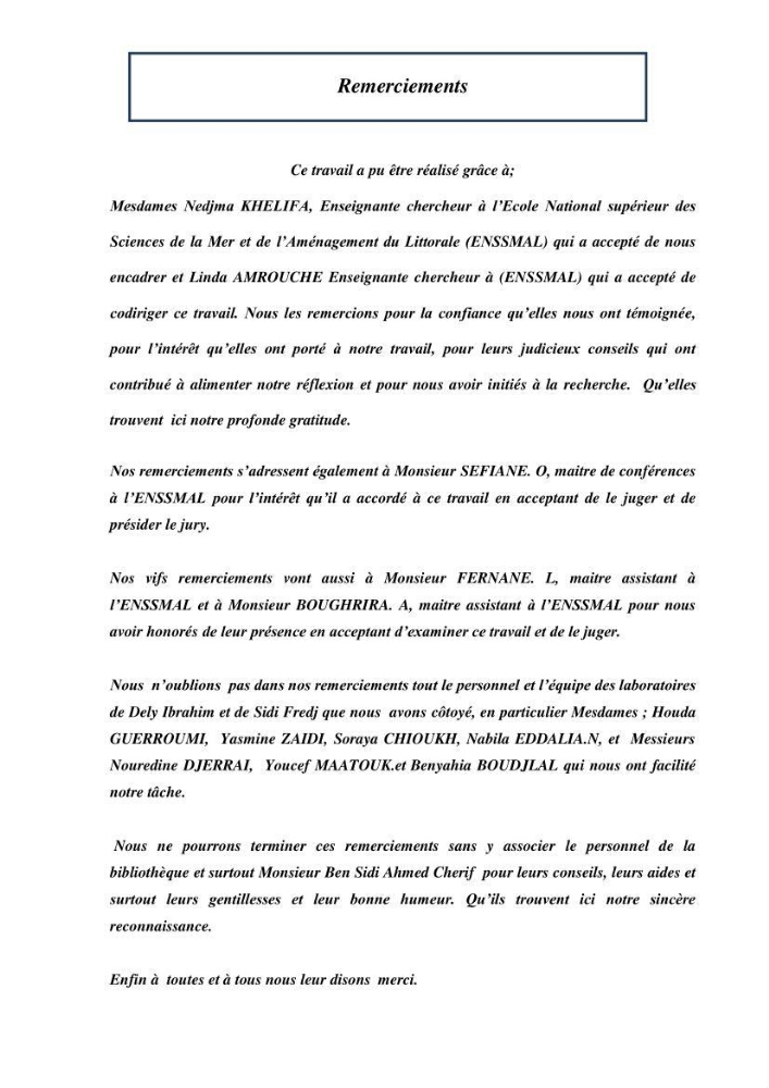 Etude des paramètres physico-chimiques et microbiologiques de l’eau et des sédiments des deux plages Est et Ouest de sidi Fredj.: