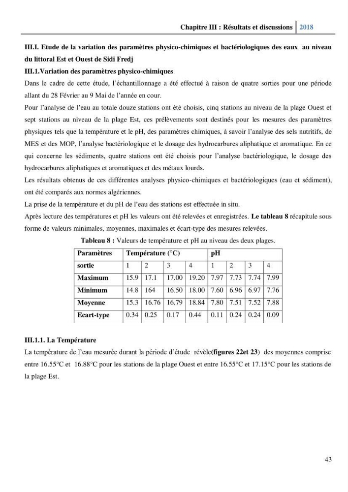 Etude des paramètres physico-chimiques et microbiologiques de l’eau et des sédiments des deux plages Est et Ouest de sidi Fredj.: