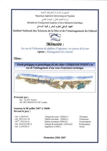 Etude géologique et géotechnique du site côtier "Zeralda-ouest" en vue de l'aménagement d'une zone d'extension touristique Etude géologique et géotechnique du site côtier "Zeralda-ouest" en vue de l'aménagement d'une zone d'extension touristique