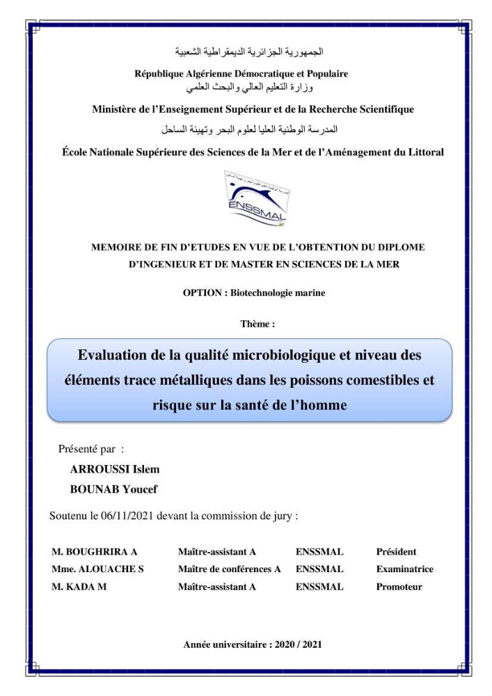 Evaluation de la qualité microbiologique et niveau des éléments trace métaliques dans les poissons comestibles et risque sur la santé de l\'homme