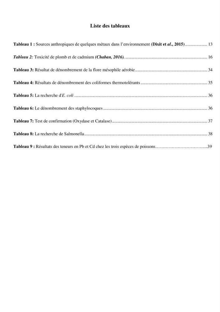 Evaluation de la qualité microbiologique et niveau des éléments trace métaliques dans les poissons comestibles et risque sur la santé de l\'homme