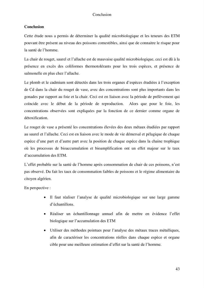 Evaluation de la qualité microbiologique et niveau des éléments trace métaliques dans les poissons comestibles et risque sur la santé de l\'homme