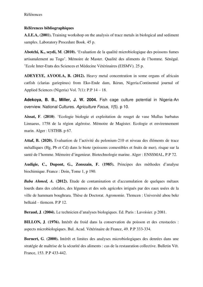 Evaluation de la qualité microbiologique et niveau des éléments trace métaliques dans les poissons comestibles et risque sur la santé de l\'homme