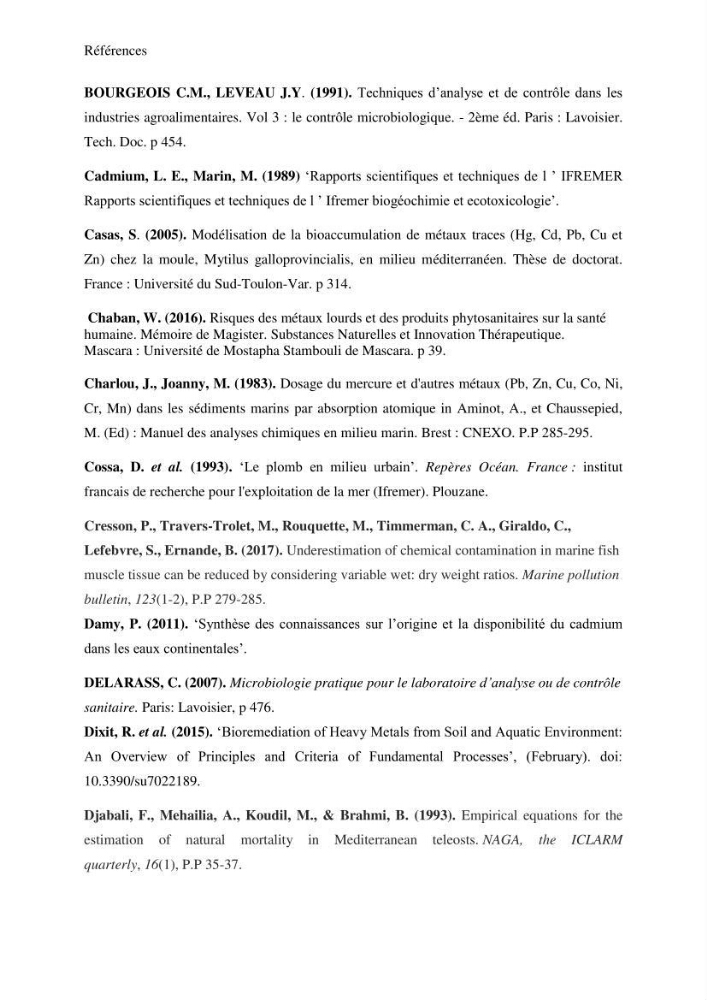 Evaluation de la qualité microbiologique et niveau des éléments trace métaliques dans les poissons comestibles et risque sur la santé de l\'homme