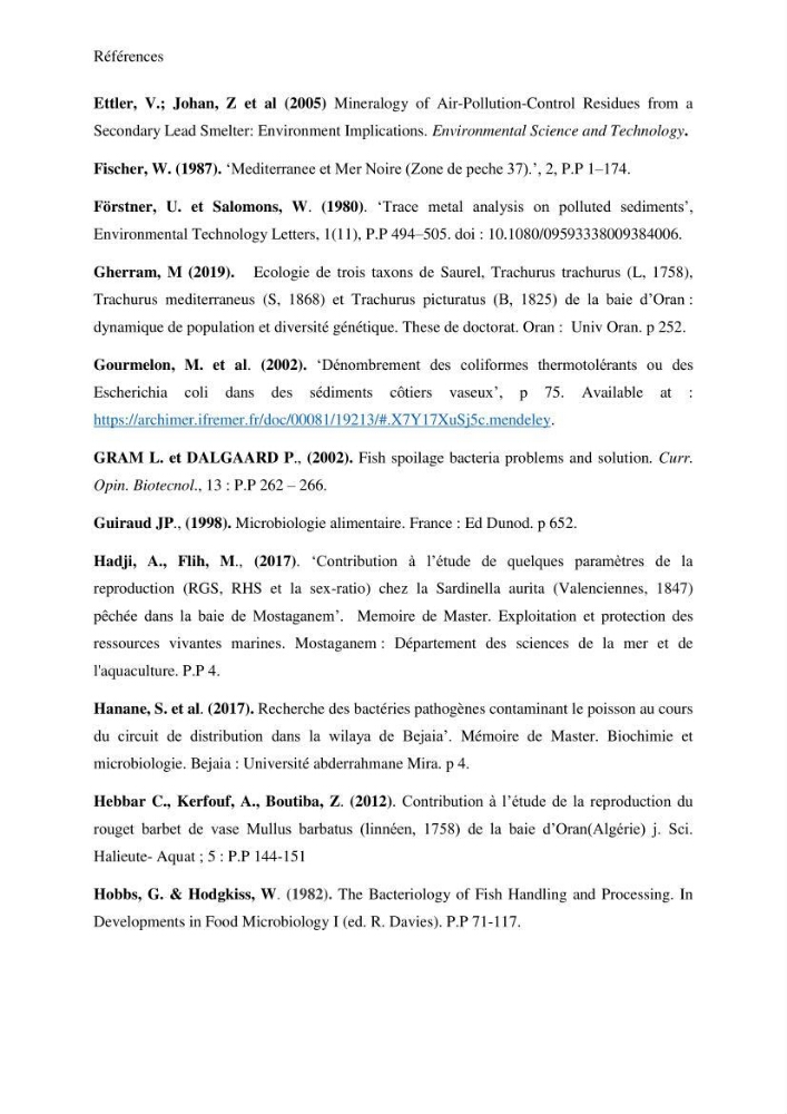 Evaluation de la qualité microbiologique et niveau des éléments trace métaliques dans les poissons comestibles et risque sur la santé de l\'homme
