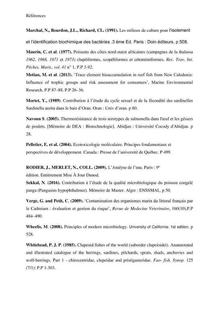 Evaluation de la qualité microbiologique et niveau des éléments trace métaliques dans les poissons comestibles et risque sur la santé de l\'homme