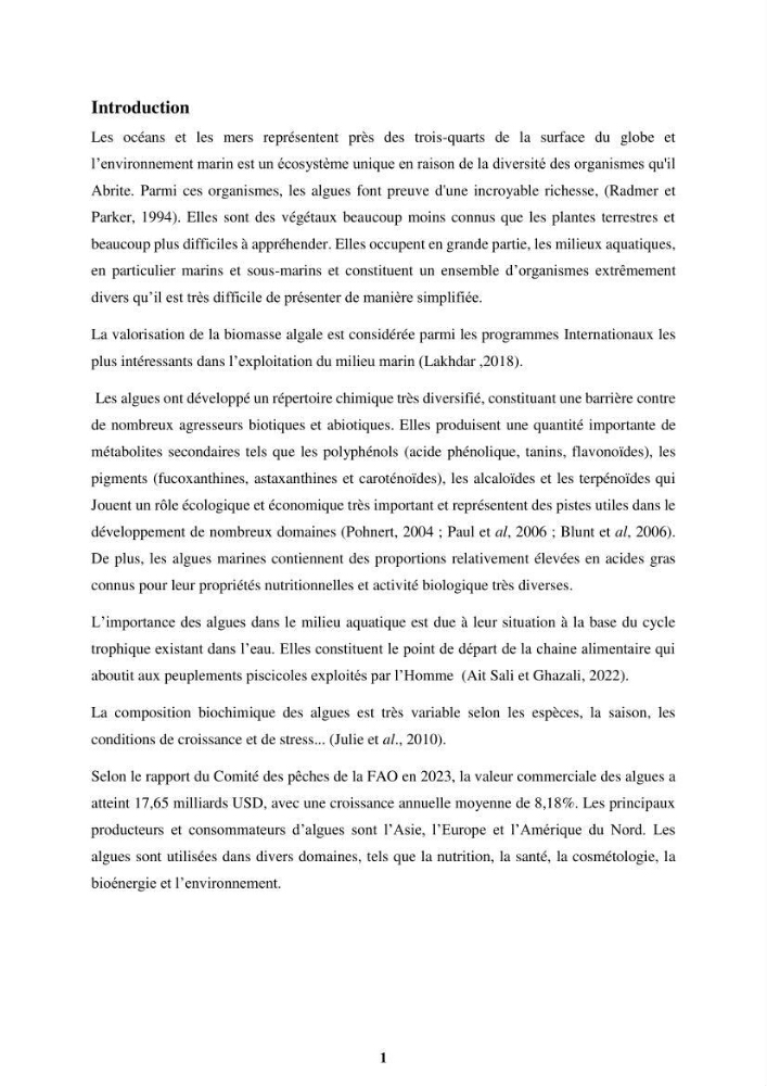 Biologie, écologie, systématique et valeurs nutritives de quelques algues marines de la côte Ouest d’Alger.