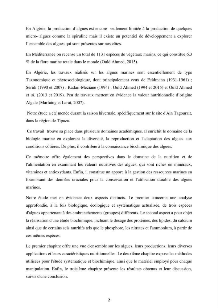 Biologie, écologie, systématique et valeurs nutritives de quelques algues marines de la côte Ouest d’Alger.