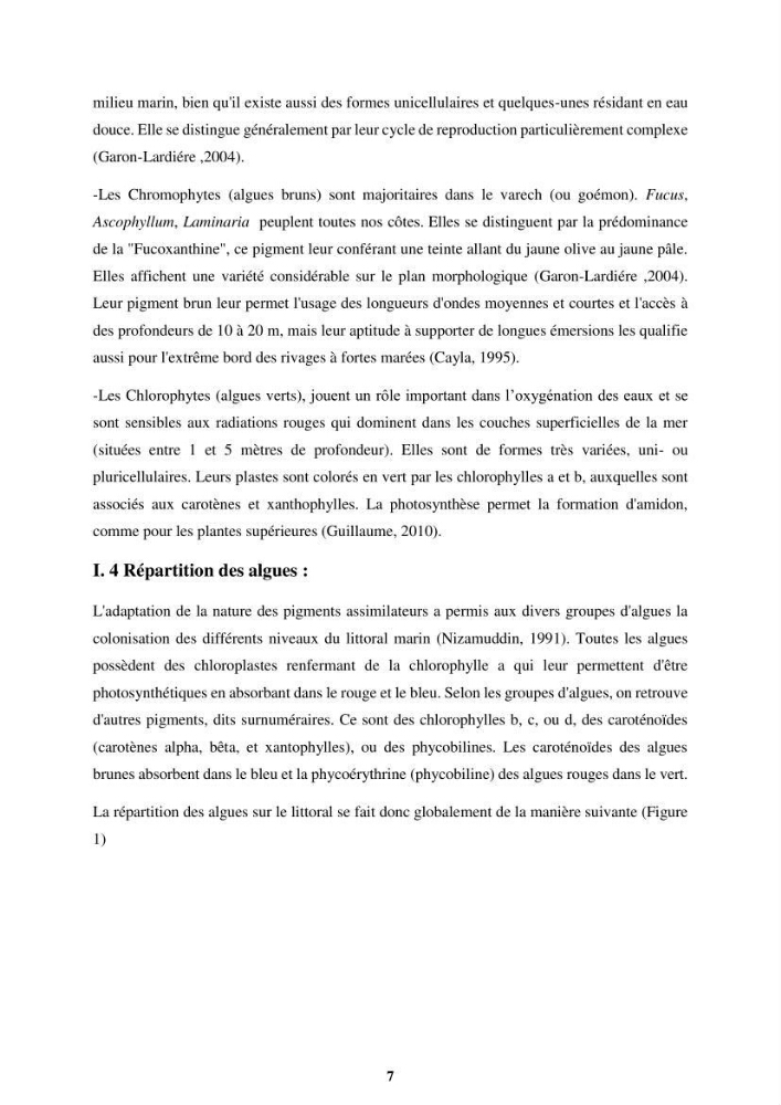 Biologie, écologie, systématique et valeurs nutritives de quelques algues marines de la côte Ouest d’Alger.