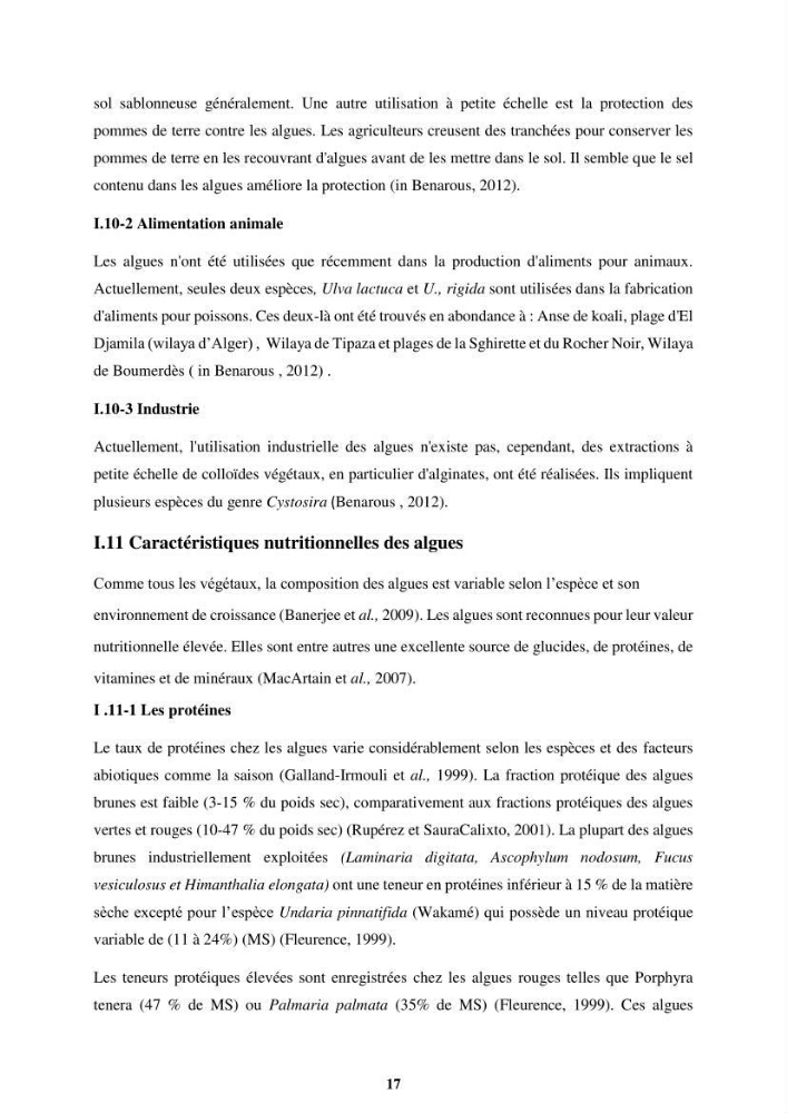 Biologie, écologie, systématique et valeurs nutritives de quelques algues marines de la côte Ouest d’Alger.