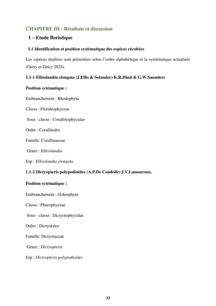 Biologie, écologie, systématique et valeurs nutritives de quelques algues marines de la côte Ouest d’Alger.