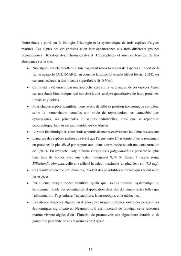 Biologie, écologie, systématique et valeurs nutritives de quelques algues marines de la côte Ouest d’Alger.