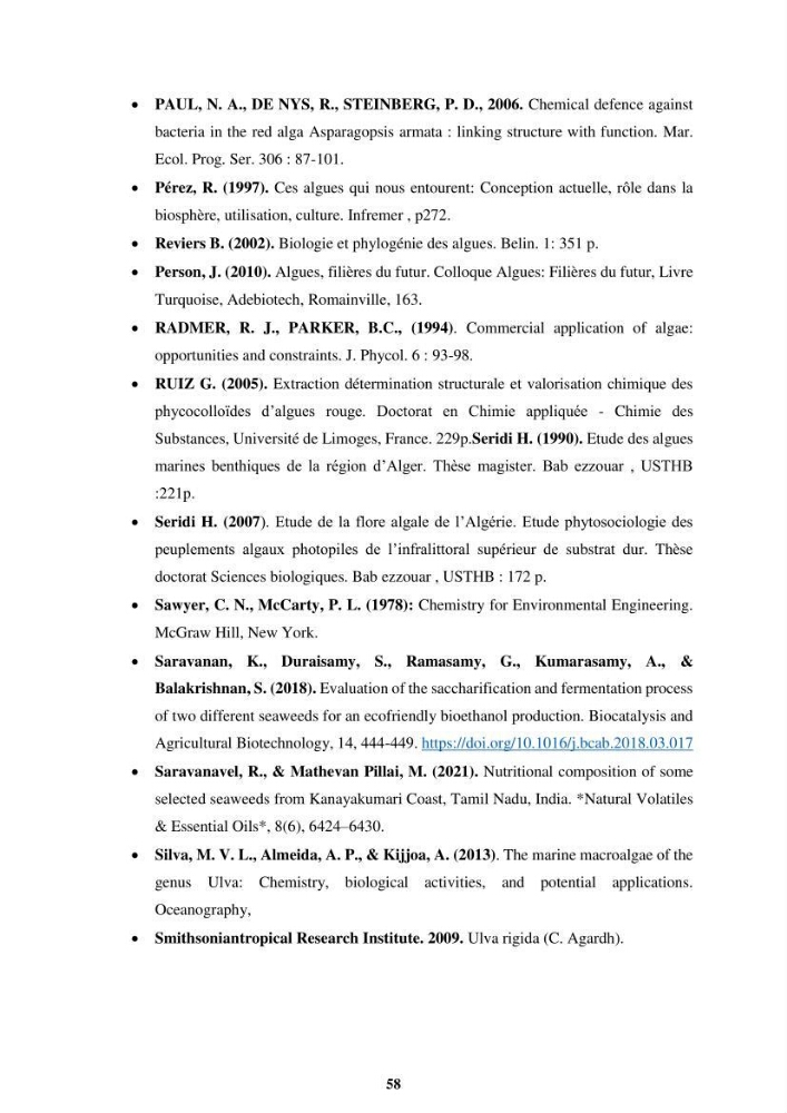 Biologie, écologie, systématique et valeurs nutritives de quelques algues marines de la côte Ouest d’Alger.