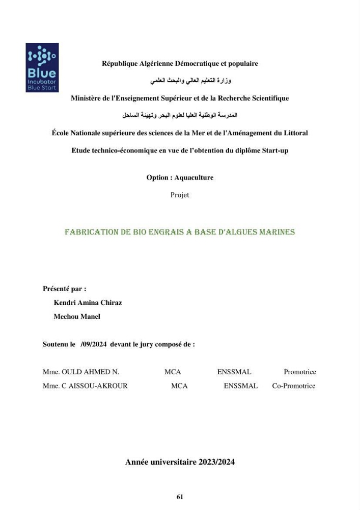 Biologie, écologie, systématique et valeurs nutritives de quelques algues marines de la côte Ouest d’Alger.