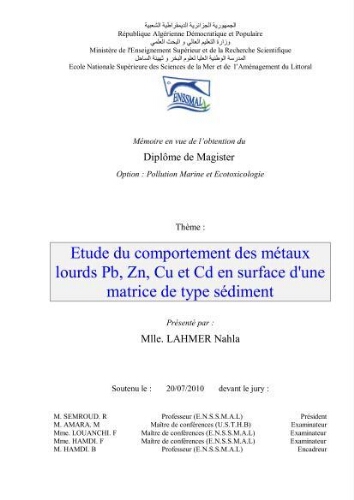 Etude du comportement des métaux lourds Pb, Zn, Cu et Cd en surface d'une matrice de type sédiment: Etude du comportement des métaux lourds Pb, Zn, Cu et Cd en surface d'une matrice de type sédiment: