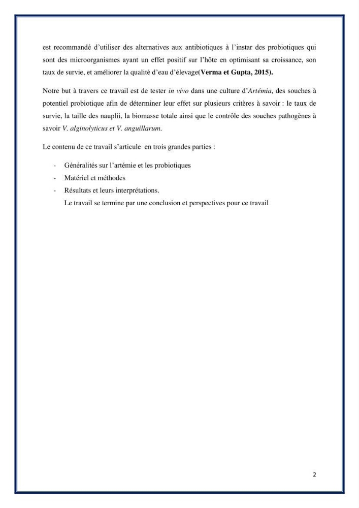 Application des souches à potentiel probiotique dans un élevage d’Artémie: