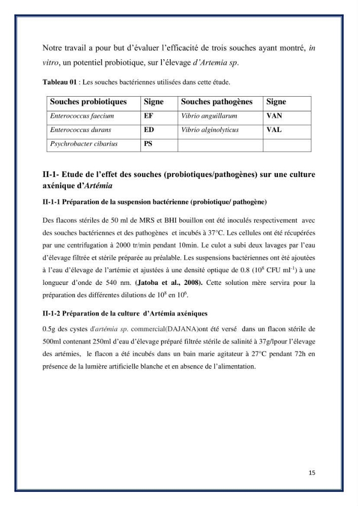 Application des souches à potentiel probiotique dans un élevage d’Artémie:
