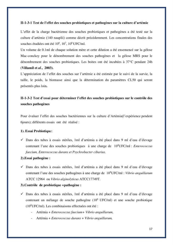 Application des souches à potentiel probiotique dans un élevage d’Artémie: