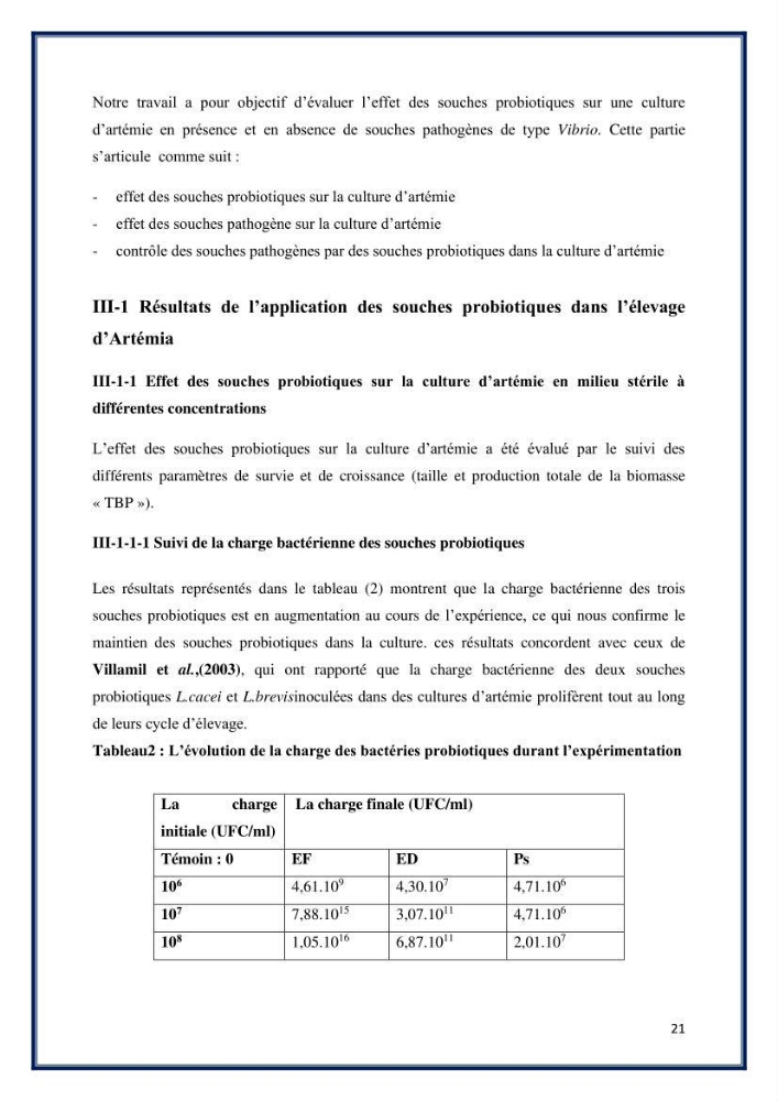 Application des souches à potentiel probiotique dans un élevage d’Artémie: