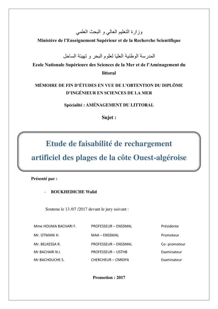 Etude de faisabilité de rechargement artificiel des plages de la côte Ouest-Algéroise: