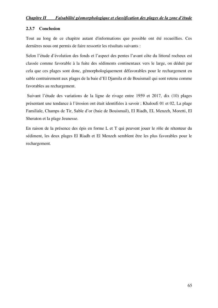 Etude de faisabilité de rechargement artificiel des plages de la côte Ouest-Algéroise: