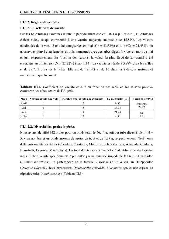 L’étude de la biométrie et du régime alimentaire de ladorade grise Spondyliosoma cantharus (Linnaeus, 1758) (Téléostéens, Sparidae) dans la région centre du bassin