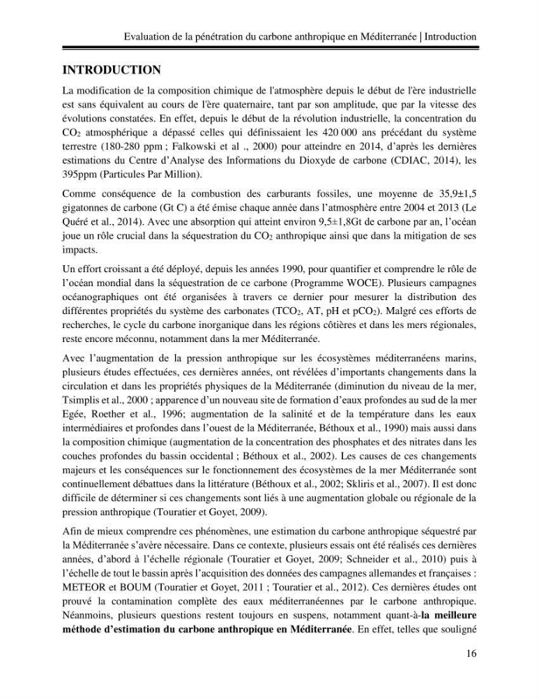 Estimation de la pénétration du carbone anthropique en méditerranée