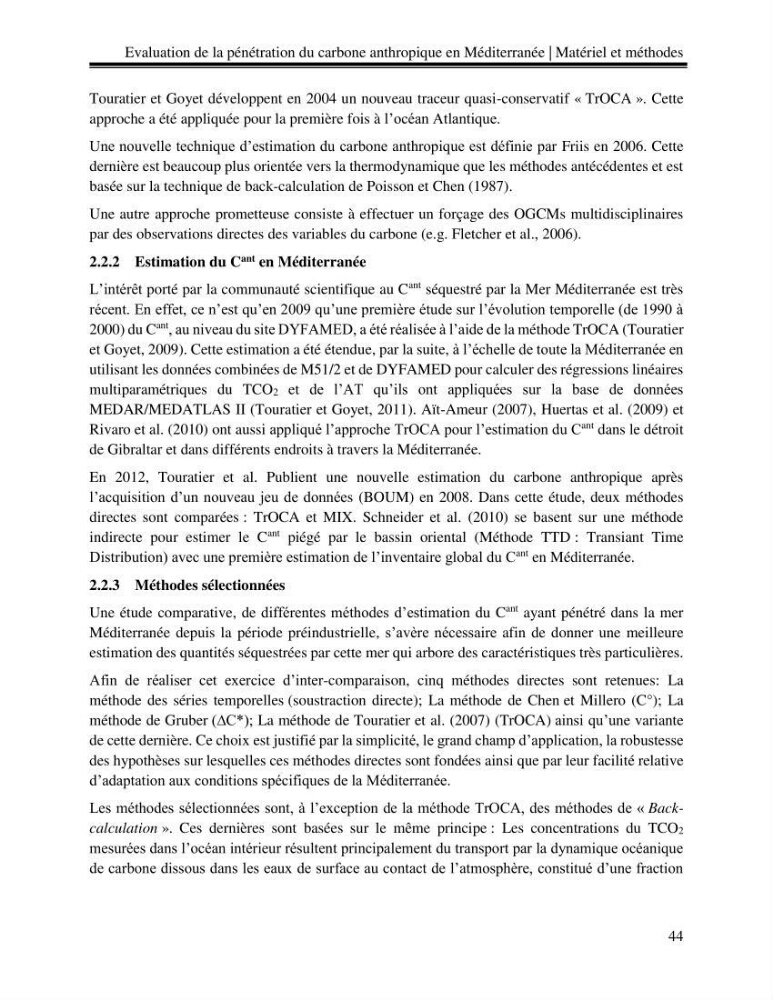 Estimation de la pénétration du carbone anthropique en méditerranée